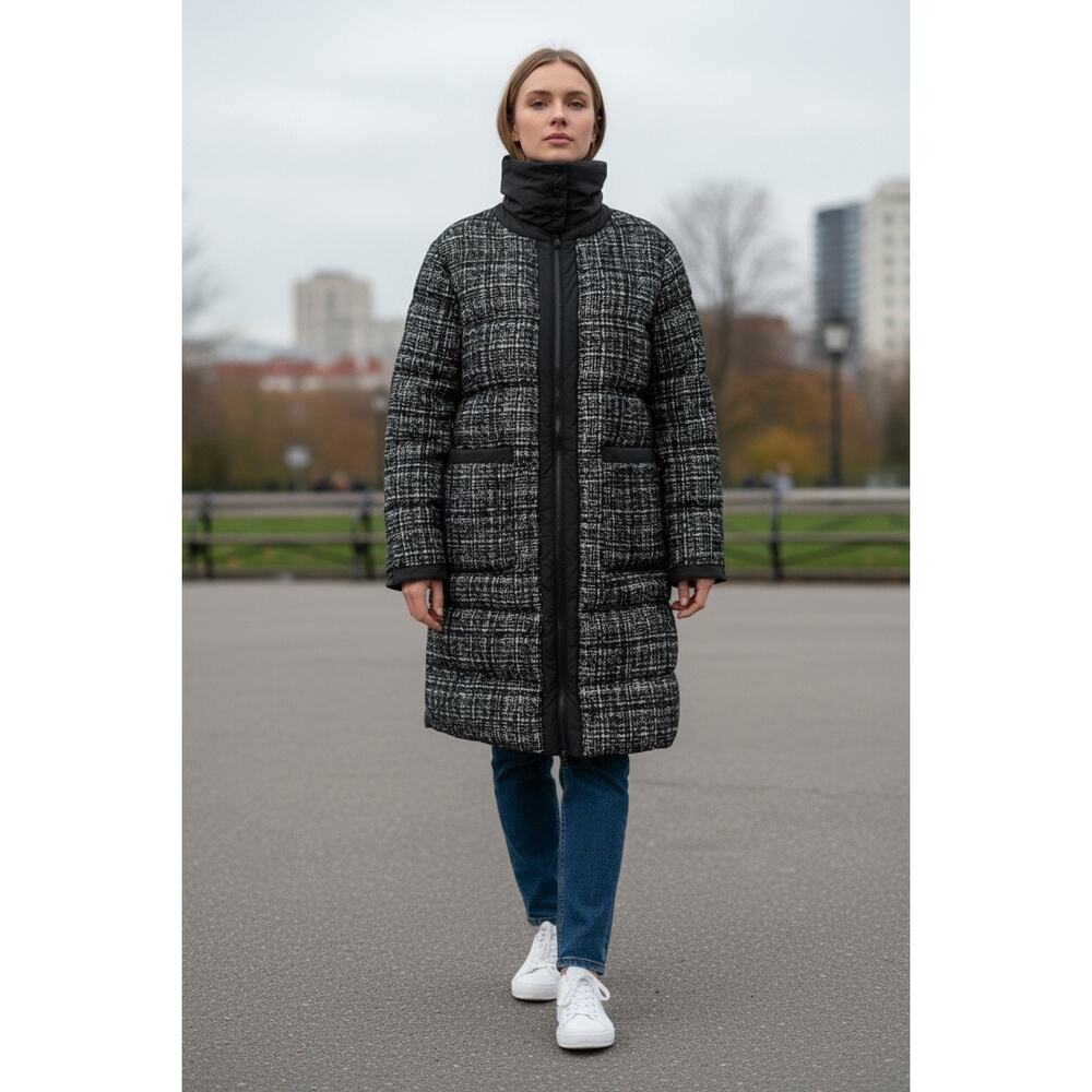 Bernardo Tweed Puffer Coat Size Large Heavyweight Full Zip Removable Collar